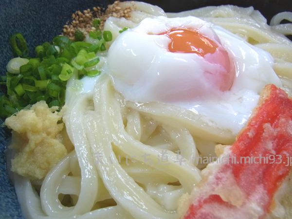具は、温玉、カニかま天、ゴマ、ネギ、生姜